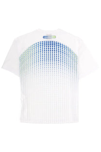 Casablanca men’s white short-sleeved shirt with gradient blue green dot pattern and vertical pleats on front