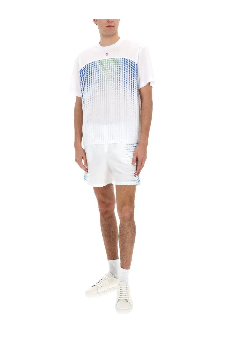 Casablanca men’s white short-sleeved shirt with gradient blue and green geometric pattern across the chest