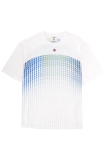 White short-sleeved Casablanca men’s shirt with gradient blue and green dot pattern and vertical pleats at hem