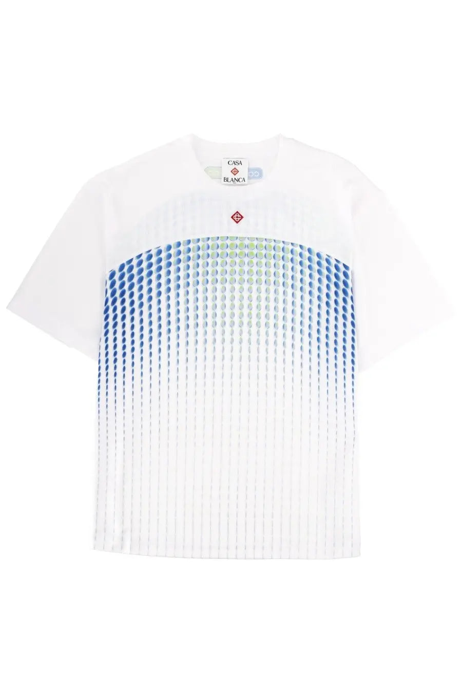White short-sleeved Casablanca men’s shirt with gradient blue green dot pattern and vertical pleats at the hem