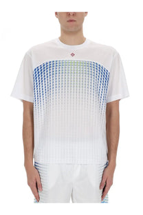 Casablanca men’s white short-sleeved t-shirt with blue and green gradient dot pattern and small red logo on collar