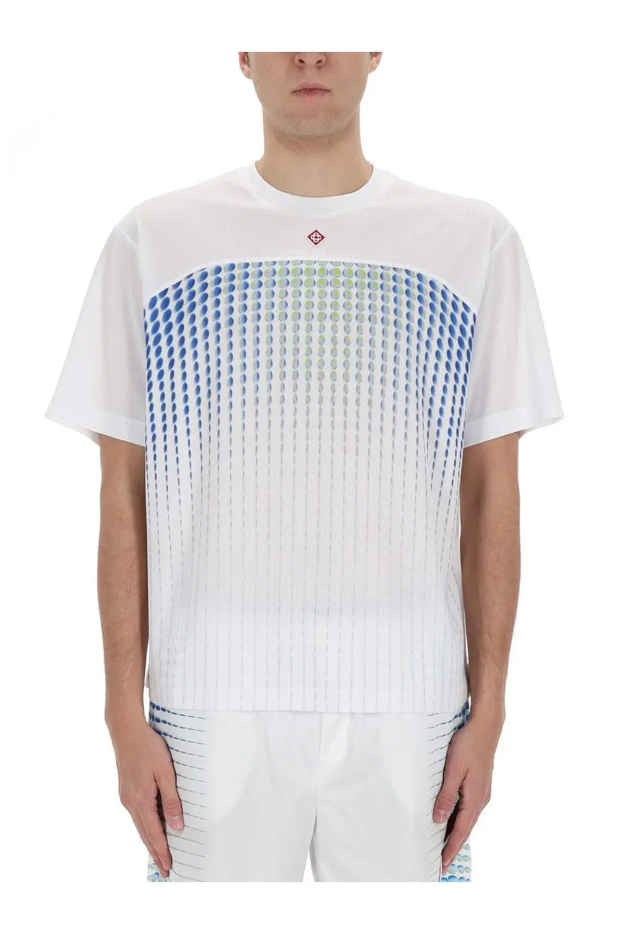 Casablanca men’s white short-sleeved t-shirt with blue and green gradient dot pattern and red collar logo