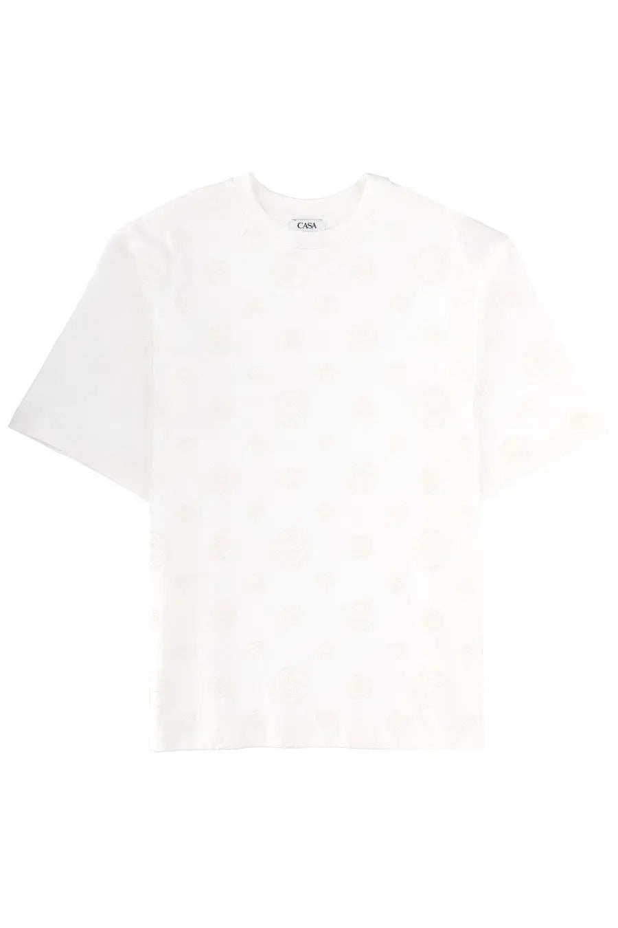 Casablanca men’s white short-sleeved shirt with subtle textured pattern and casa brand label at the neckline