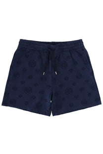 Casablanca men’s navy blue shorts with elastic waistband and drawstring featuring embossed circular motifs