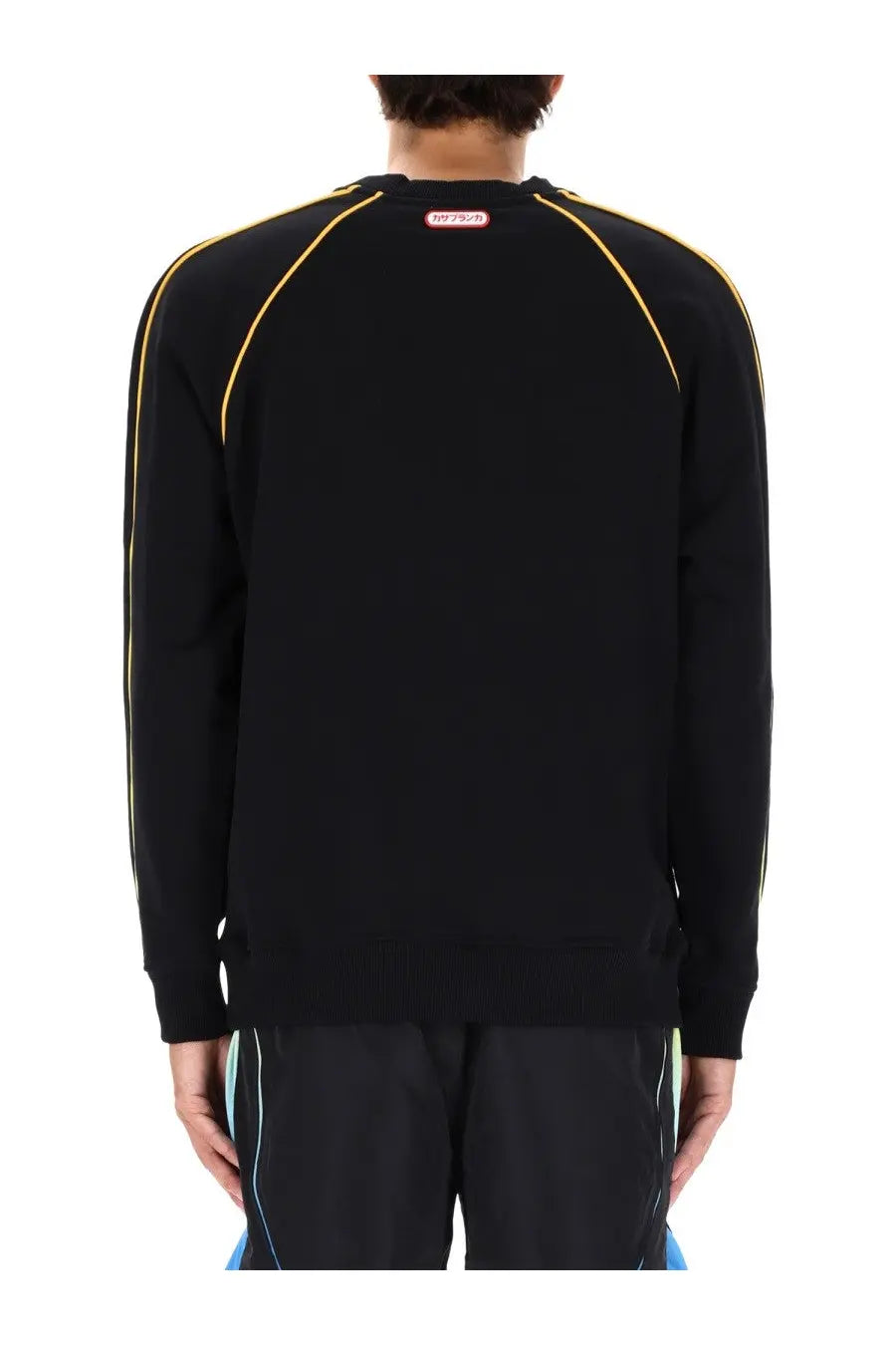 Casablanca men’s black sweatshirt with yellow piping on shoulders and sleeves and red label at neckline