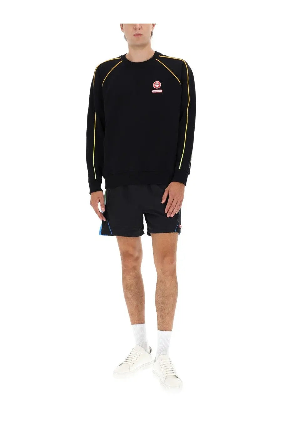 Casablanca men’s black long-sleeved sweatshirt with yellow sleeve piping and a small pink chest logo