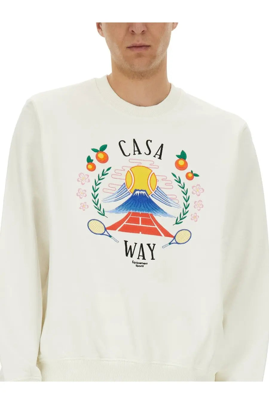 Casablanca men’s cream crewneck sweatshirt with vibrant mount fuji tennis racket orange graphic and casa way text