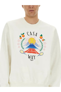 Casablanca men’s cream crewneck sweatshirt with vibrant mount fuji tennis racket orange graphic and casa way text
