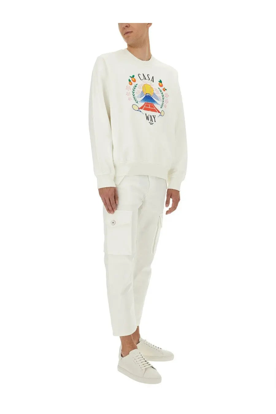 White cotton Casablanca men’s sweatshirt with colorful embroidered Mount Fuji graphic and Casa Way text on chest