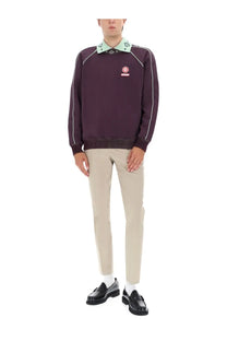 Casablanca men’s sweatshirt purple crewneck with white piping, mint green embroidered collar, and circular logo patch
