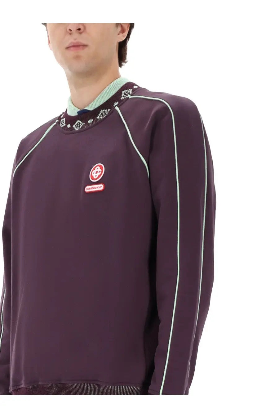 Casablanca men’s sweatshirt purple maroon long-sleeved with light green trim and circular logo patch on chest