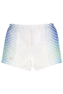 White casablanca men’s swim shorts with gradient blue and green dot pattern along the sides for swimming