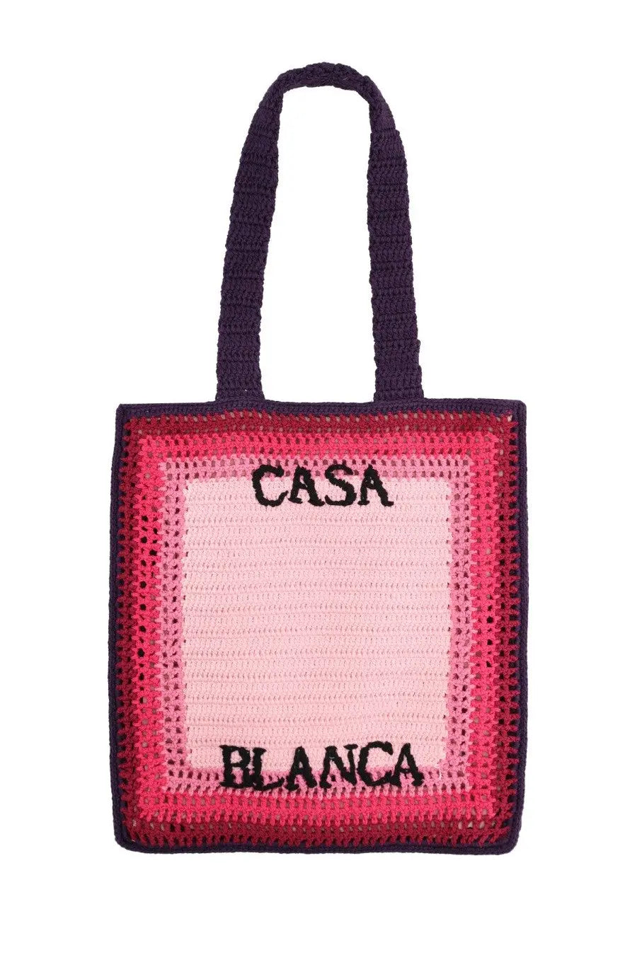 Handcrafted pink and navy blue crocheted Casablanca men’s tote bag with black embroidered casa blanca lettering