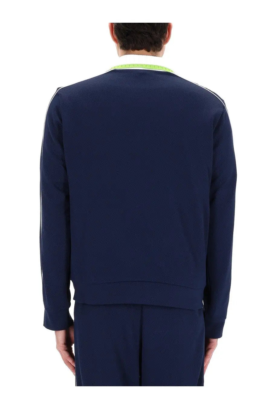 Casablanca men’s navy blue textured track jacket with neon green collar trim and white side stripes zip sweatshirt
