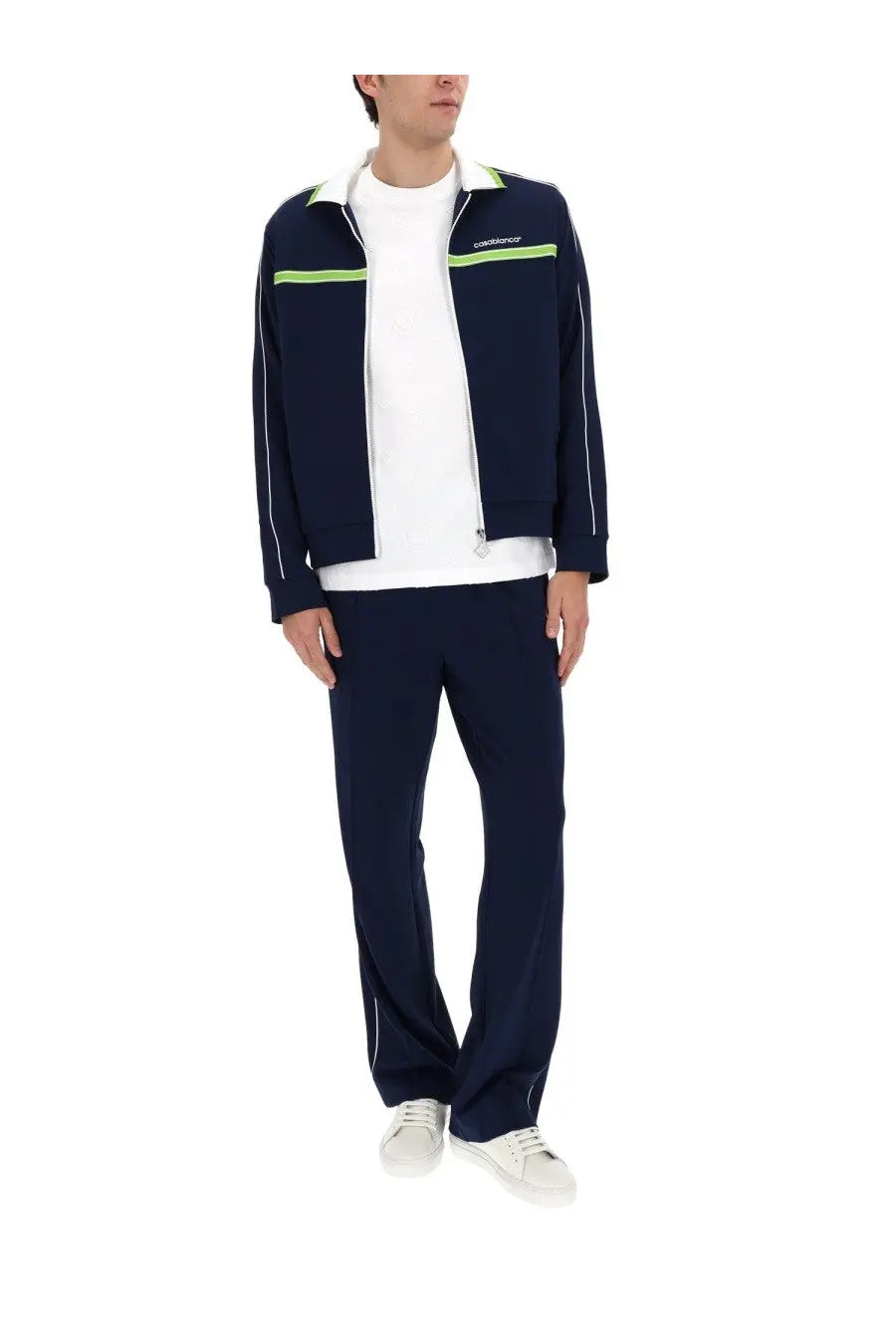 Navy blue Casablanca men’s zip sweatshirt with neon green and white trim details and a track jacket style