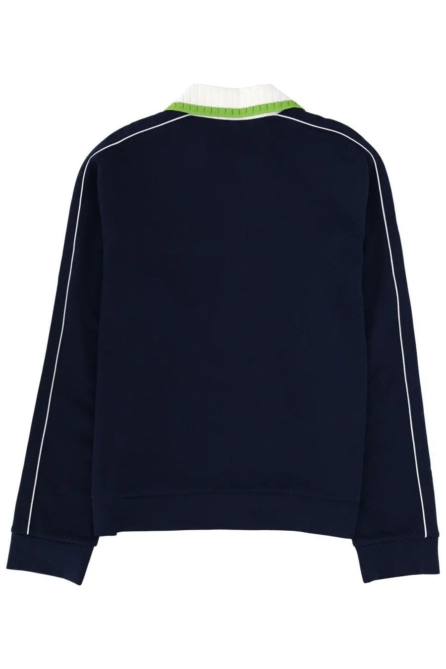 Navy blue Casablanca men’s zip sweatshirt with white sleeve piping and green and white ribbed collar for casual wear