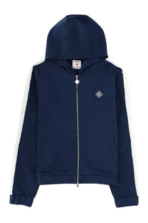 Casablanca men’s navy blue zip-up hoodie with white side stripes and small embroidered chest logo