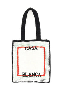 Casablanca unisex crochet bag white with black and white pattern red border and casa blanca embroidered in black