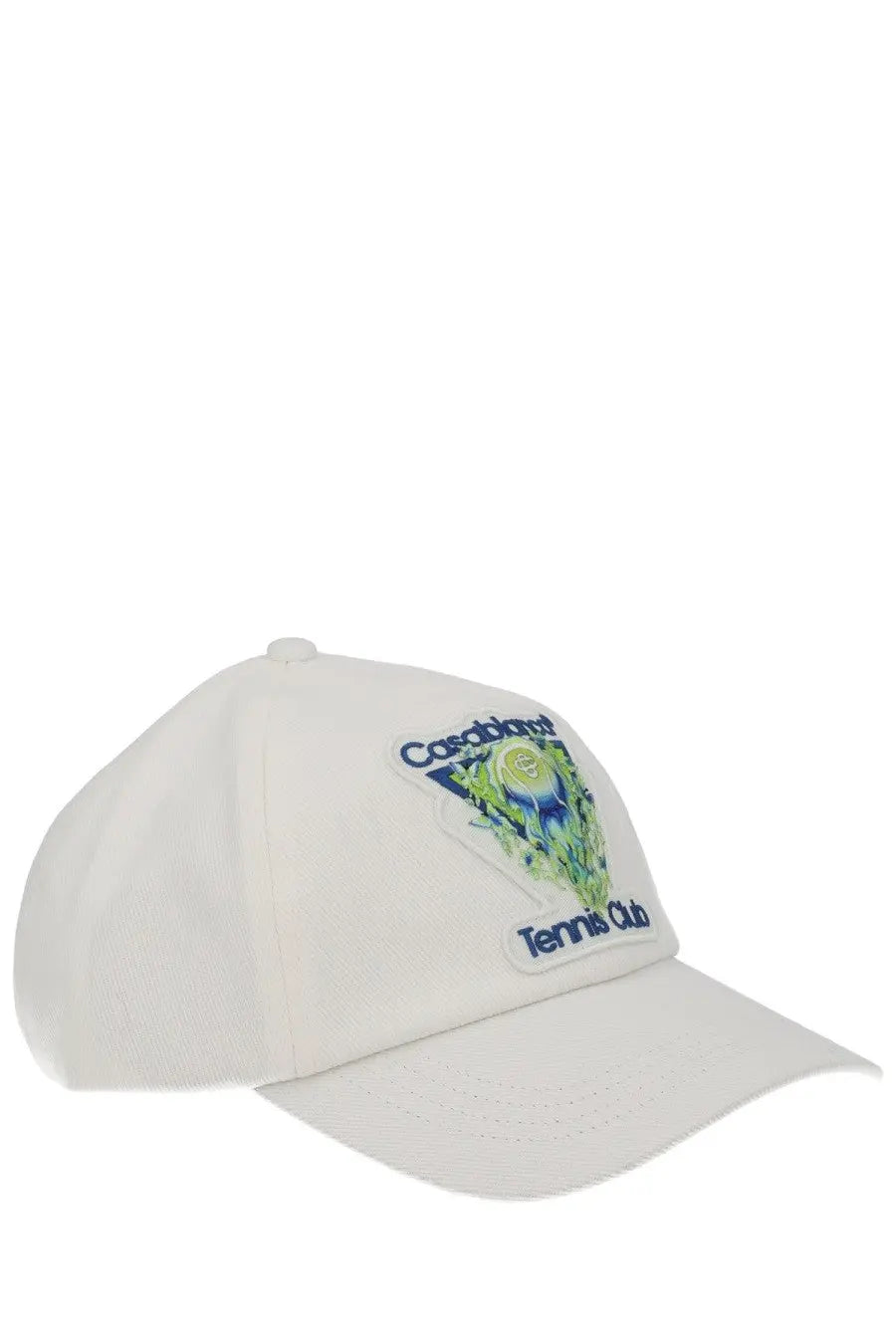 White Casablanca unisex baseball cap with colorful embroidered Casablanca tennis club patch and green blue tennis ball design