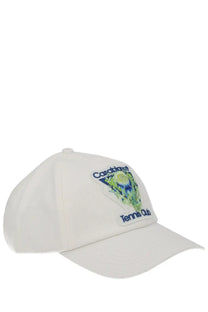 White Casablanca unisex baseball cap with colorful embroidered Casablanca tennis club patch and green blue tennis ball design