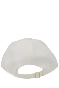White Casablanca unisex flaming tennis ball baseball cap showing back with gold-tone buckle and adjustable strap