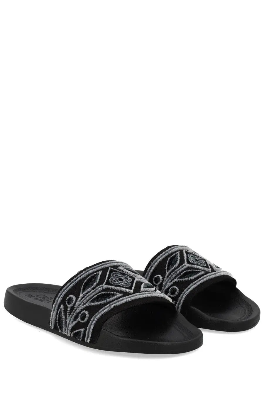 Casablanca unisex slide black sandals with intricate silver embroidery in geometric and leaf-like patterns on strap