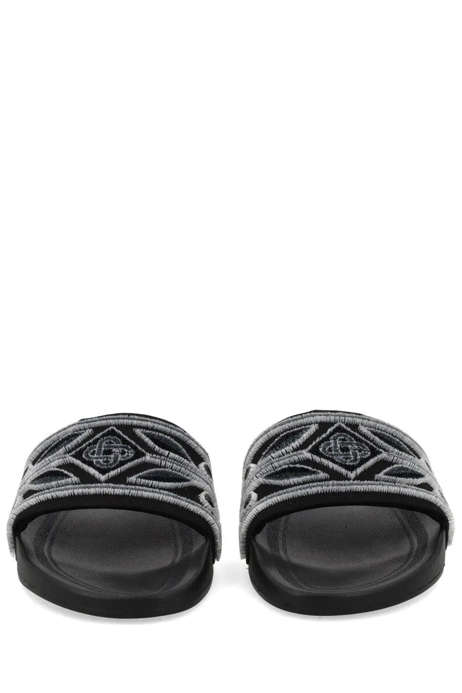 Casablanca unisex slide black sandals with intricate silver embroidery geometric pattern on the strap