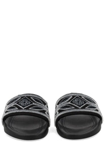 Casablanca unisex slide black sandals with intricate silver embroidery geometric pattern on the strap