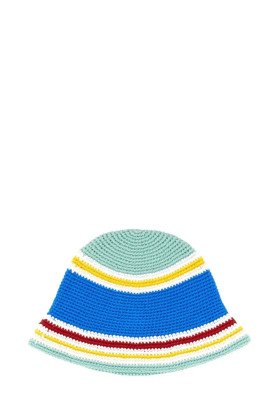Casablanca women’s beanie hat blue featuring a colorful hand-crocheted bucket style with horizontal stripes in multiple colors
