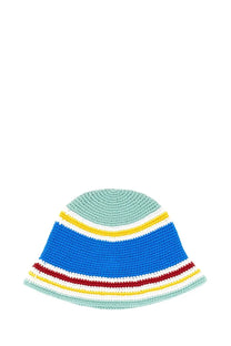 Casablanca women’s beanie hat blue featuring a colorful hand-crocheted bucket style with horizontal stripes in multiple colors