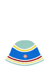 Casablanca women’s beanie hat blue colorful hand-knitted bucket hat with bold horizontal stripes and diamond logo