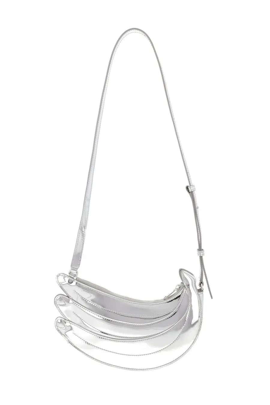 Casablanca women’s borsa banana silver metallic banana-shaped crossbody bag with sleek glossy finish and adjustable strap