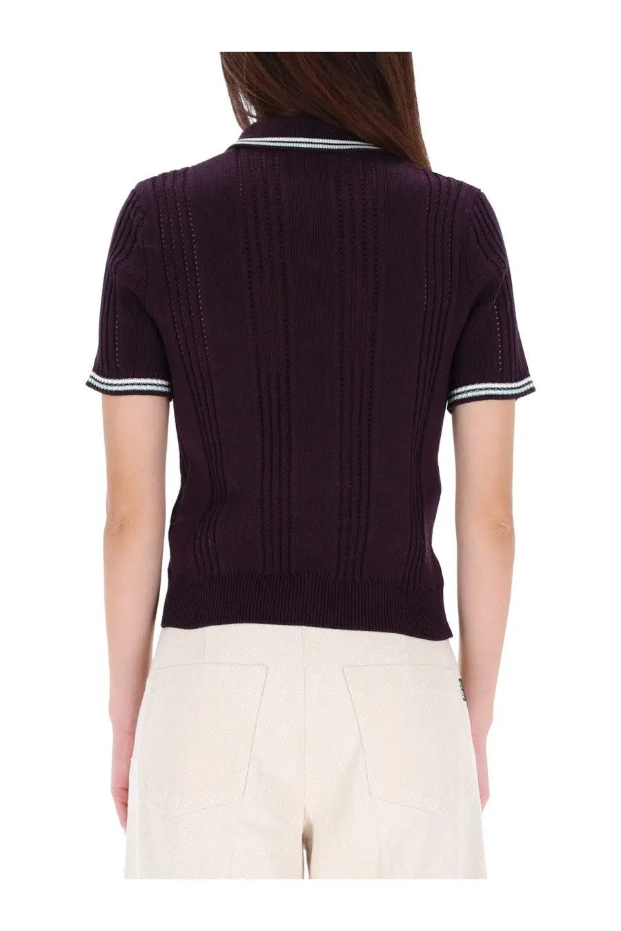Casablanca women’s dark purple ribbed cotton knit polo shirt with white and blue striped collar and sleeve cuffs