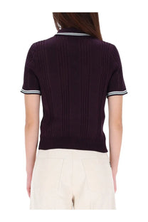 Casablanca women’s dark purple ribbed cotton knit polo shirt with white and blue striped collar and sleeve cuffs