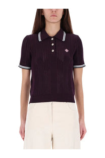 Casablanca women’s cotton knit polo shirt purple with dark purple ribbed fabric white trim and diamond logo on chest
