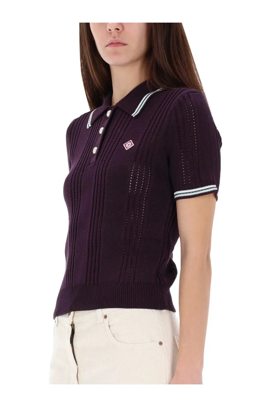 Casablanca women’s deep purple cotton knit polo shirt with white trim and subtle textured pattern