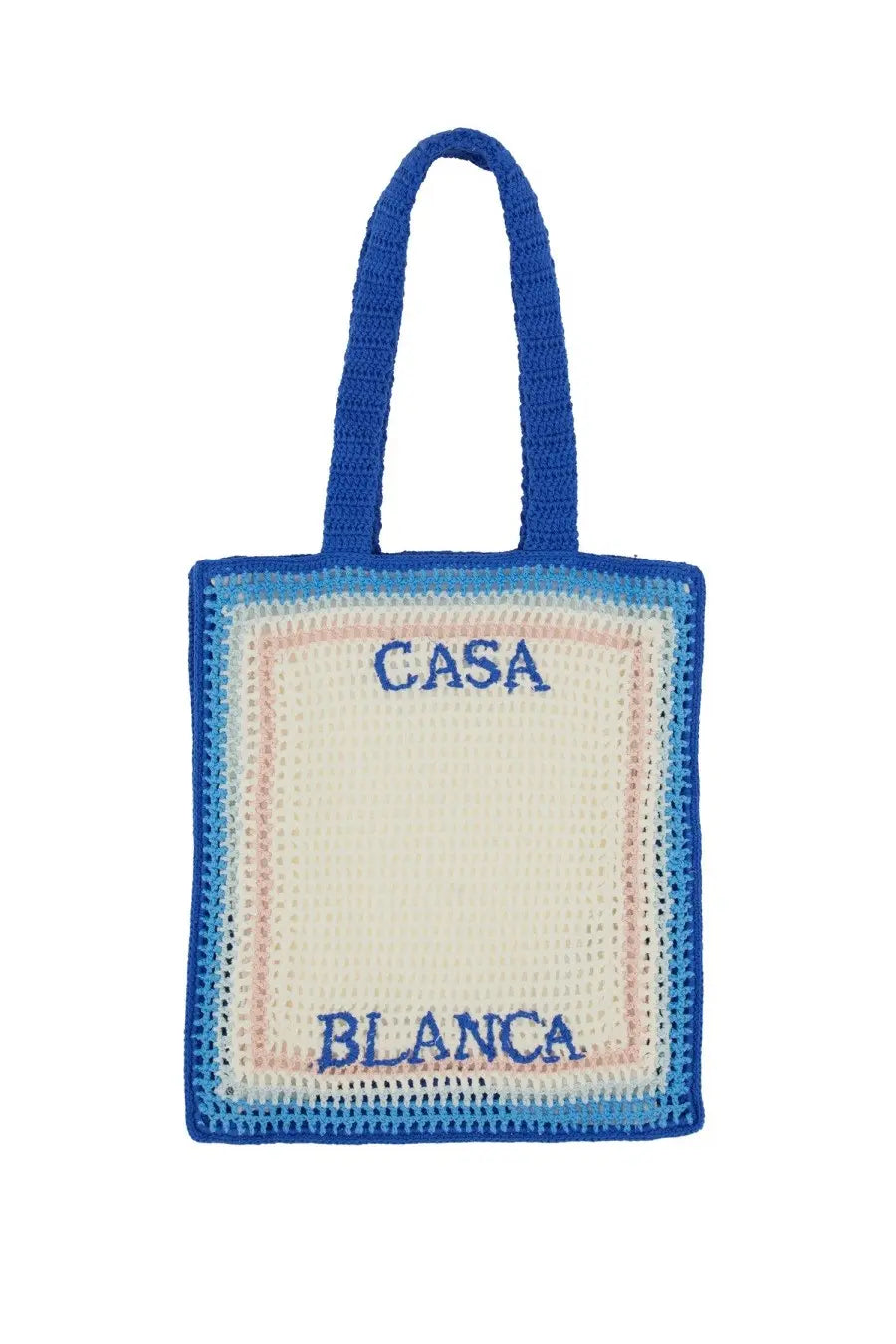 Casablanca women’s crochet tote bag in vibrant blue cream and pink with embroidered casa blanca on front