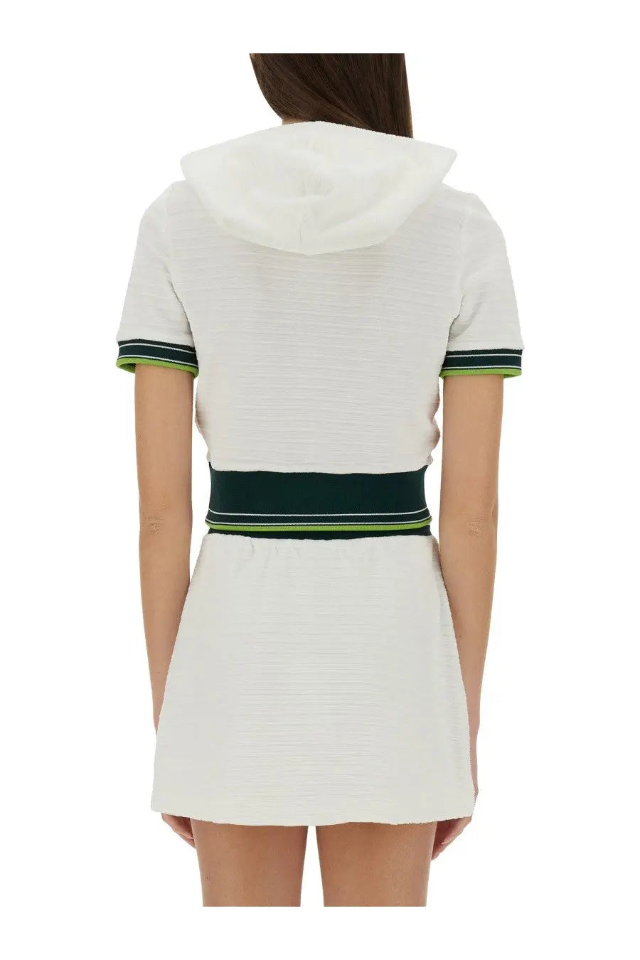 Casablanca women’s cropped white hooded tennis dress with navy and lime green striped trim on sleeves waistband and hem