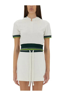 White textured hoodie dress with green and navy striped accents and drawstring waistband from casablanca women