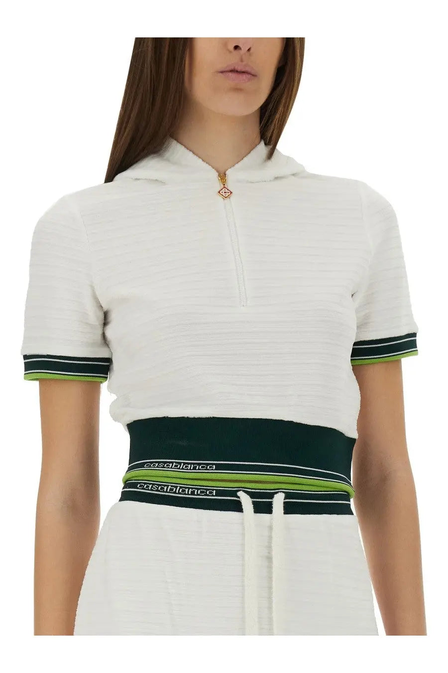 Casablanca women’s cropped tennis shirt white with textured knit hoodie top and green black striped trim and logo waistband