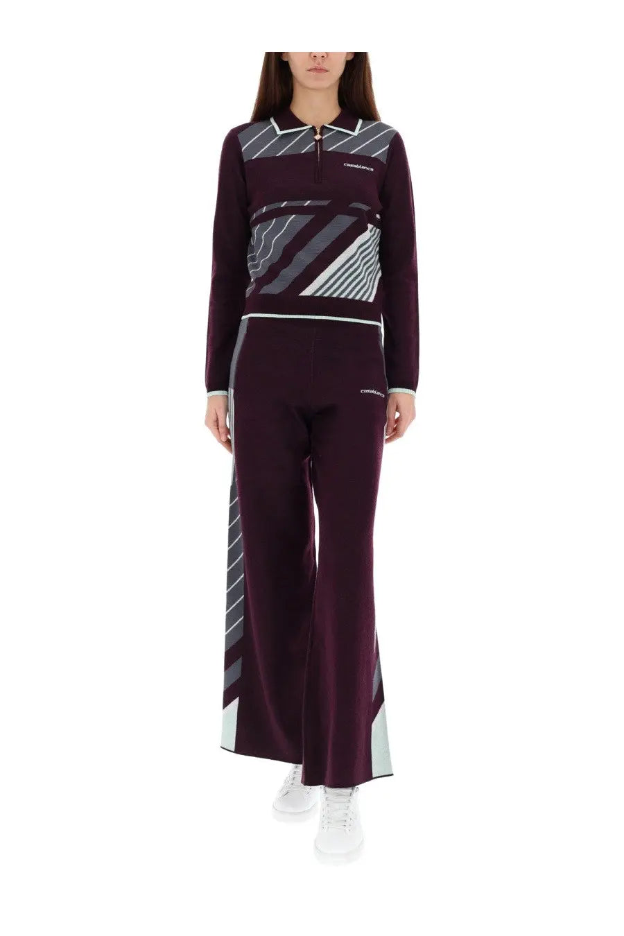 Casablanca women’s diagonal tennis pants purple with maroon fabric and gray white geometric diagonal stripe pattern