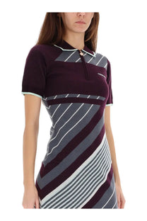 Casablanca women’s diagonal tennis polo dress in maroon and gray striped knit with white collar and short sleeves