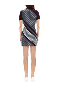 Casablanca women’s diagonal tennis polo dress in deep burgundy charcoal gray and white with bold stripe pattern