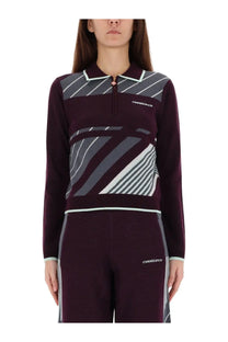 Maroon and gray striped knit polo top with white trim details in the casablanca womens diagonal tennis polo shirt purple
