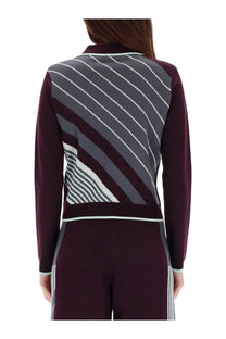 Casablanca women’s diagonal tennis polo shirt purple with maroon and gray striped knit cardigan back panel design