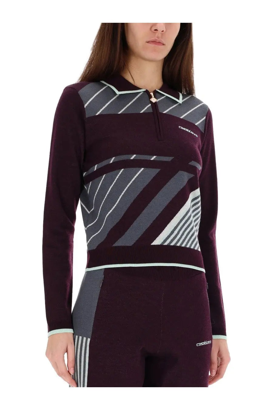 Casablanca women’s maroon and gray geometric long-sleeve cycling top with white trim and diagonal pattern