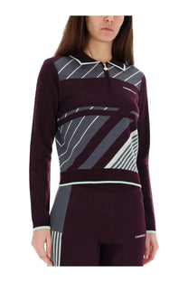 Casablanca women’s maroon and gray geometric long-sleeve cycling top with white trim and diagonal pattern