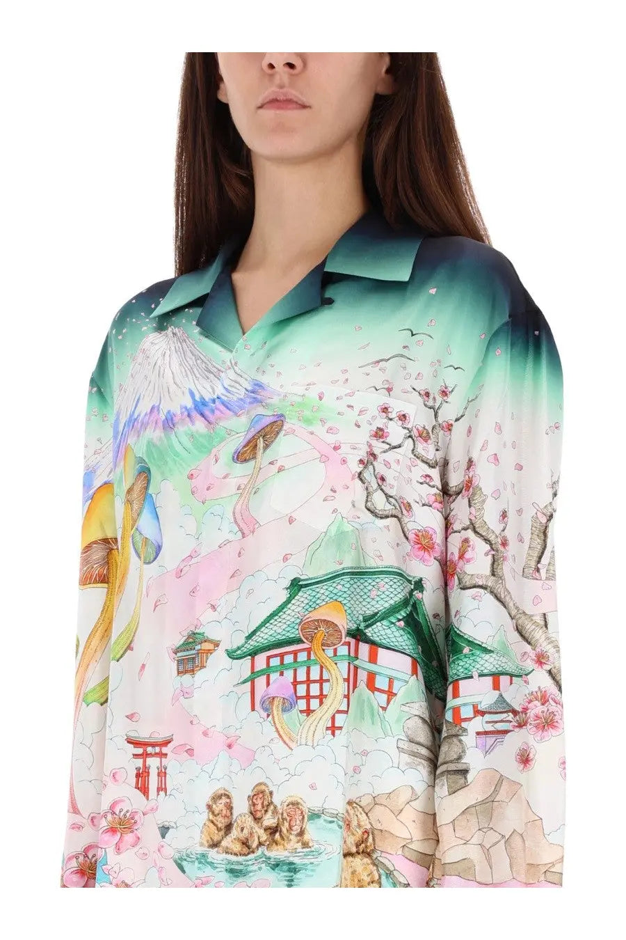 Casablanca women’s multicolor long-sleeved silk blouse with pastel mount fuji cherry blossom and traditional japanese print
