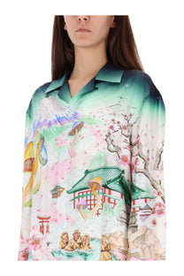 Casablanca women’s multicolor long-sleeved silk blouse with pastel mount fuji cherry blossom and traditional japanese print