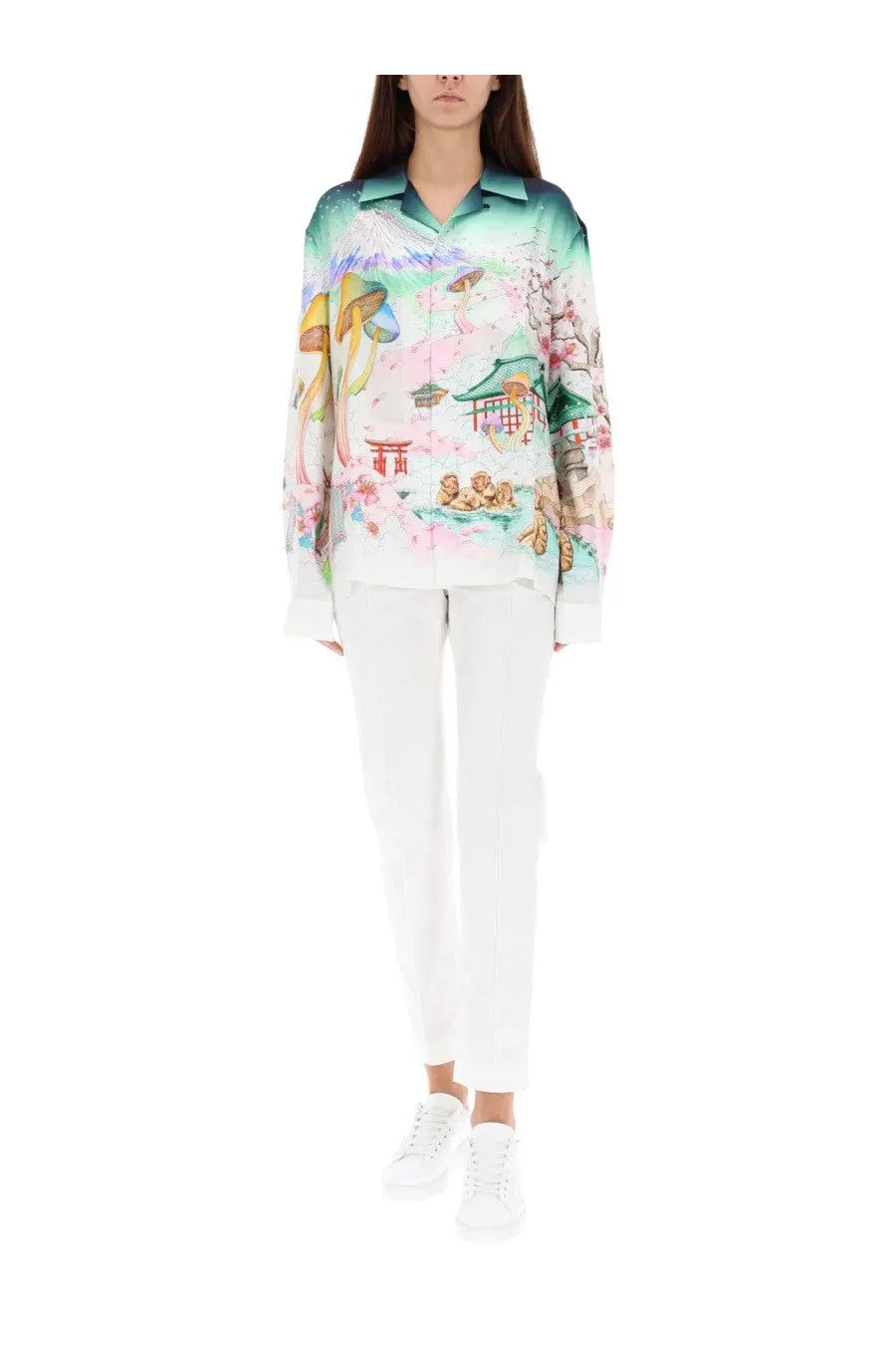 A vibrant multicolor silk blouse with long sleeves featuring a japanese-inspired cherry blossom and pagoda print